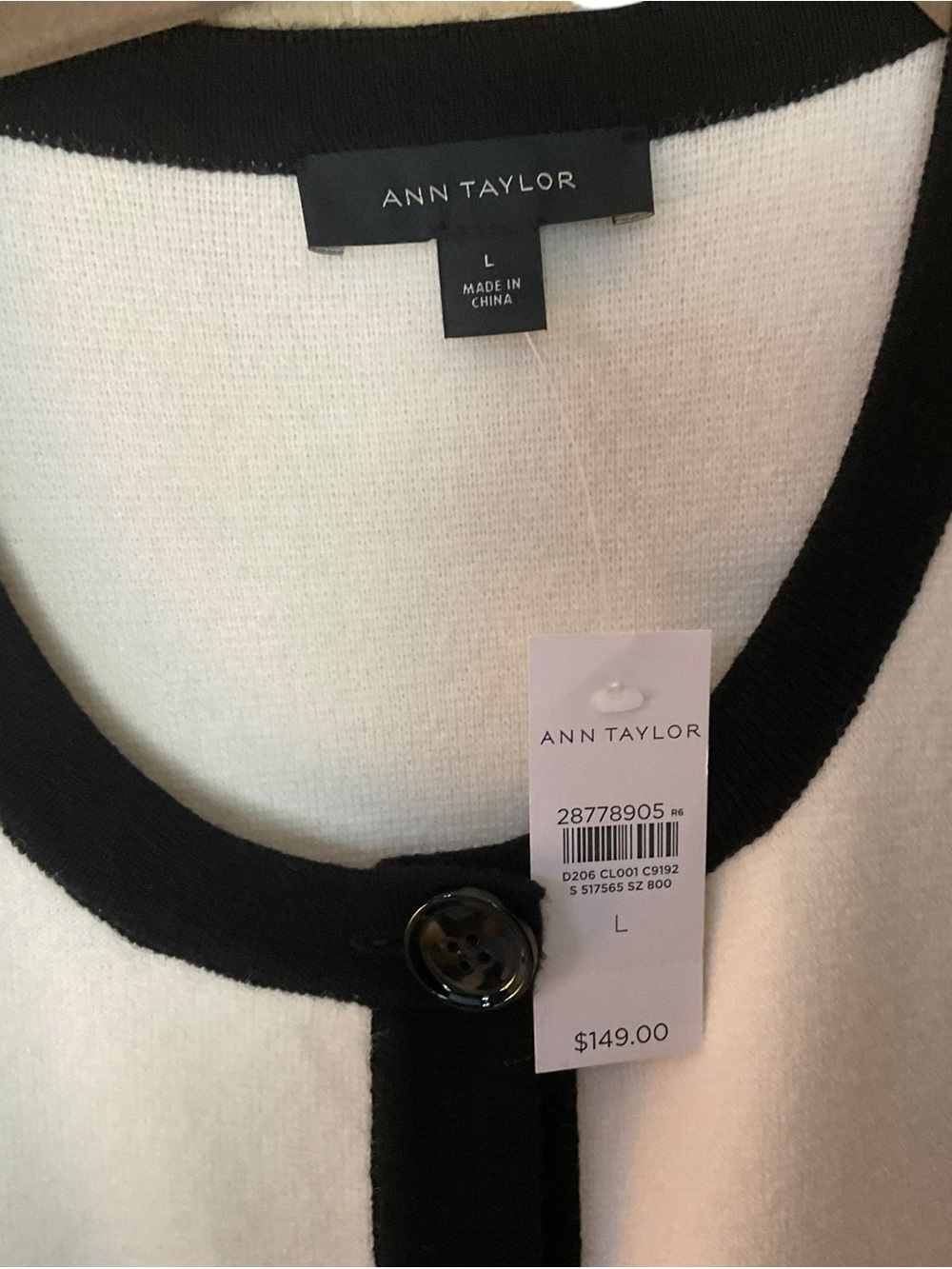 Ann Taylor NWT Longline Contrast Trim Cardigan Sweater Ivory Black Size Larg - Picture 4 of 8